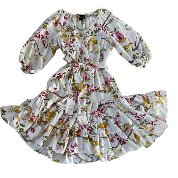Maison Tara Floral Spring Dress | S Wrap, Cottagecore, Puff Sleeves, Ruffles - Picture 1 of 5